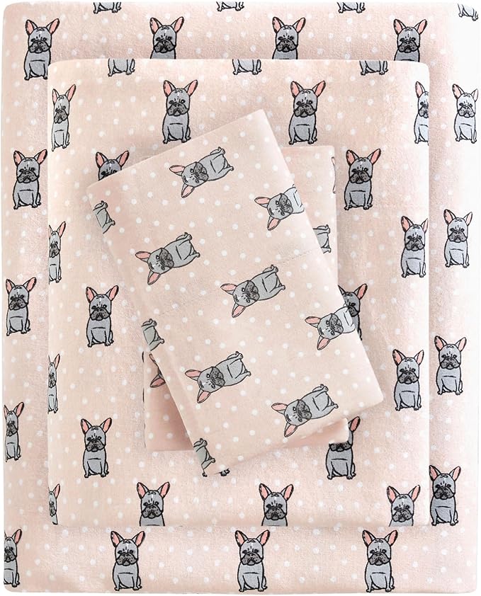 True North by Sleep Philosophy Cozy Flannel Warm 100% Cotton Sheet - Novelty Print Animals Stars Cute Ultra Soft Cold Weather Bedding Set, King, Pink French Bulldog 4 Piece