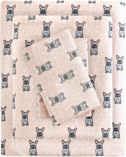 True North by Sleep Philosophy Cozy Flannel Warm 100% Cotton Sheet - Novelty Print Animals Stars Cute Ultra Soft Cold Weather Bedding Set, Queen, Pink French Bulldog 4 Piece