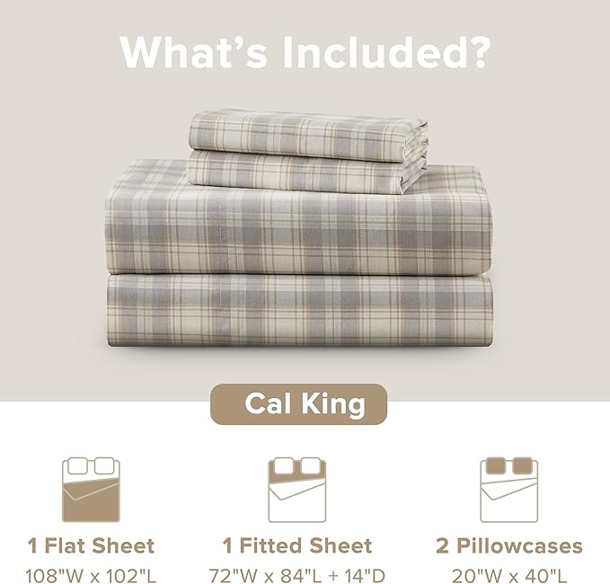 Comfort Spaces 100% Cotton Sheets Cal King, Breathable, Naturally Cool Cotton Sheets, Cotton Bed Sheets with 14" Elastic Pocket Fits up to 16" Mattress, All Seasons Sheet Set, Wesley Taupe 4 Piece