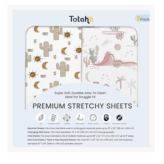TotAha Cactus Crib Sheets (2-Pack) - Hypoallergenic, Silky Comfort, Buttery Soft, Calming Effect, All-Season Jersey-Knit Sheets, 9'' Extra Deep Pocket Baby Western Crib Sheet