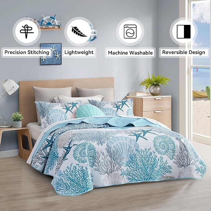 Tritard 3 Piece Coastal Quilt Sets King Size - Reversible Microfiber Quilts with 2 Shams Soft Lightweight Beach Bedding Nautical Bedspread Coverlet Summer Comforter Set for All Season, 106''x96''