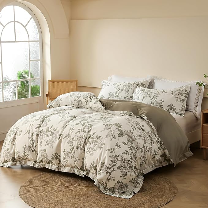 OAITE Duvet Cover Set King Size Floral Pattern 600 Thread Count Ultra Soft 100% Long Staple Cotton Duvet Cover Sets 3-PC, Breathable Duvet Cover with Zipper Closure & Corner Ties