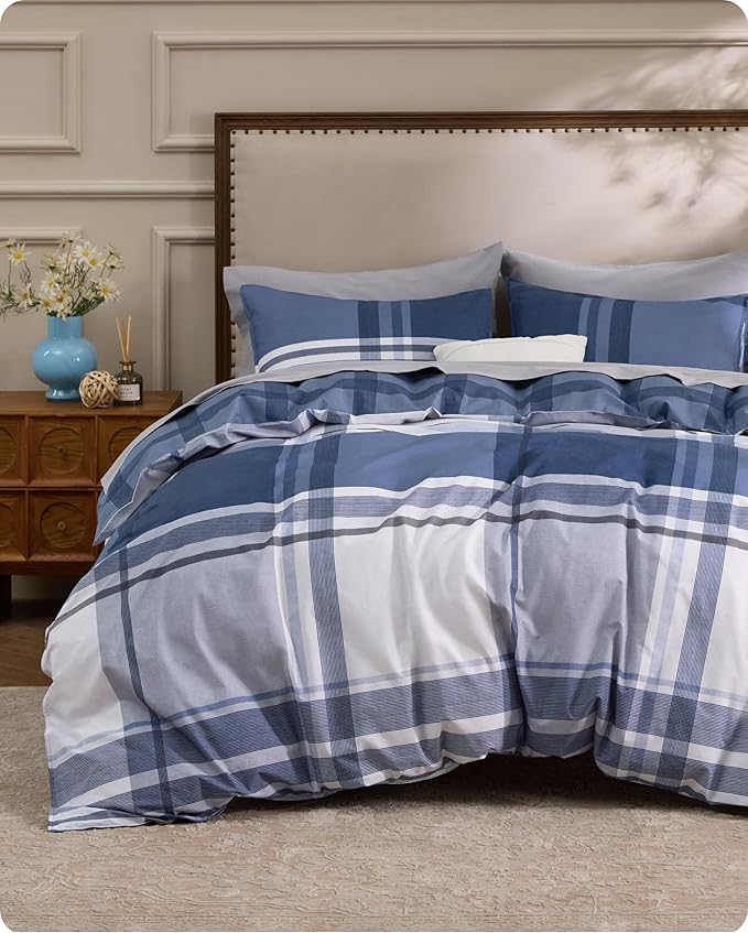 Bedsure 100% Cotton Reversible Plaid Duvet Cover Queen Size - Classic Navy Checkered Pattern Comforter Cover with Zipper Closure & 2 Pillow Shams, Comforter Sold Separately (Navy Plaid 90"x90")