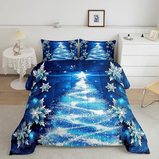 Feelyou Girls Christmas Tree Comforter Set Blue Xmas Theme Comforter Toddler Chic Winter Snowflake Bedding Set for Girls Daughter Bedroom Decor Soft Girly Glitter Quilted Duvet Winter Warm Bedding