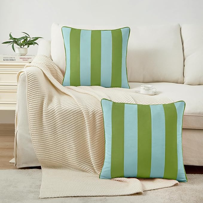 MONDAY MOOSE Decorative Throw Pillow Covers Cushion Cases, Set of 2 Soft Velvet Striped Piping Edge Designs, Pillow Inserts Not Included (16x16 inch, Light Green/Light Blue)