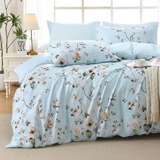 MUXHOMO Ceiba Blue Full Comforter Set, Elegant Floral Print Bed in a Bag 7 Pieces, Ultra Soft & Breathable Reversible Botanical Pattern Bedding Set with Comforter, Sheets, Pillowcases, and Shams
