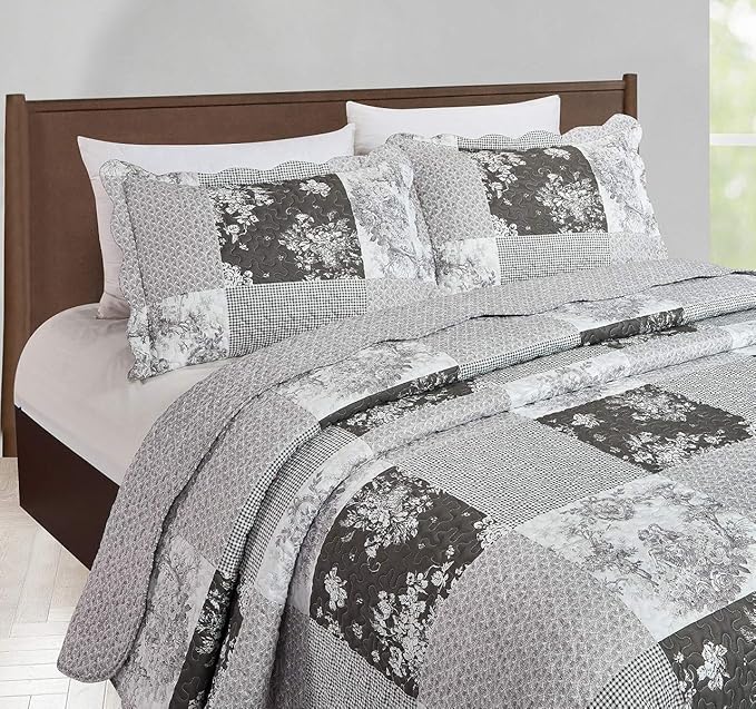 Brilliant Sunshine Grey Toile Floral Patchwork, 3-Piece Quilt Set with 2 Shams, Reversible Bedspread, Soft Lightweight Coverlet, All-Season, Full/Queen, Grey