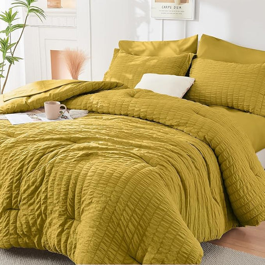 HYMOKEGE Mustard Yellow King Size Comforter Set Seersucker 7 Pieces, All Season Luxury Bed in a Bag for Bedroom, Bedding Set with Comforter, Sheets, Pillowcases & Shams