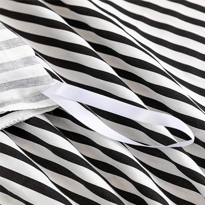 JELLYMONI 100% Natural Cotton 3pcs Striped Duvet Cover Sets,White Duvet Cover with Black Stripes Pattern Printed Comforter Cover,with Zipper Closure & Corner Ties(King Size)