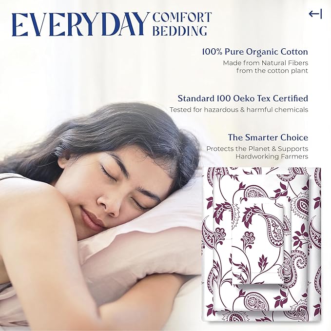 Mayfair Linen 100% Organic Cotton Printed Sheets Full Size - 4 PC Organic Cotton Percale Sheets Full Set (Paisley), Cooling & Breathable Bedsheets, 16" Deep Pocket Hotel Bedding - GOTS Certified