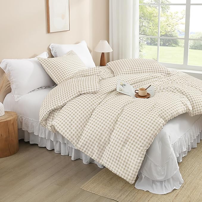 Andency Beige Gingham Comforter Set Twin(66x90Inch), Cream Checkered Grid Plaid Buffalo Bed Set for Girls Boys Kids Teens, 2 Pieces Lightweight Microfiber Geometric Preppy Bedding