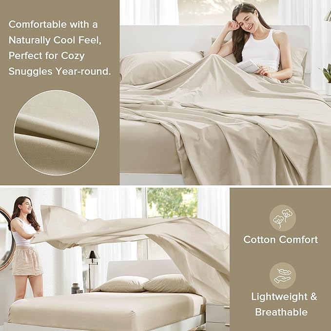Comfort Spaces 100% Cotton Sheets Full, Breathable & Ultra Soft Cotton Sheets, Naturally Cool Cotton Bed Sheets with 14" Elastic Pocket Fits up to 16" Mattress, All Seasons Sheet Set, Cream 4 Piece