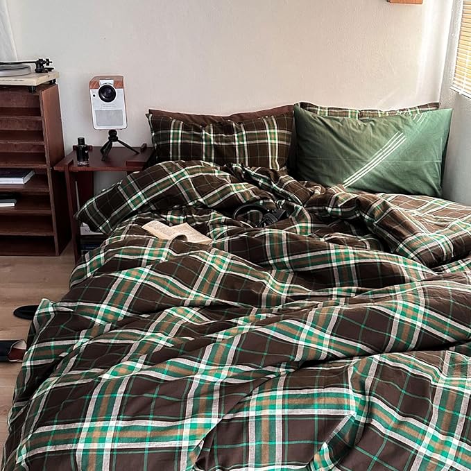 LifeTB Brown Green Plaid Comforter Set King Size, 3 Pieces Grid Gingham Bedding Comforter with 2 Pillowcases, Fluffy Soft Farmhouse Grid Bedding Vintage Plaid Checkered Comforter Set for All Seasons