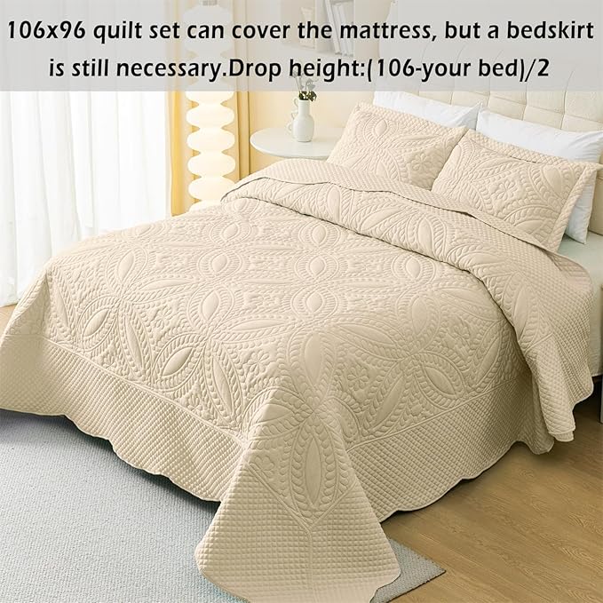 Cmfshape King Bedspread 106"x96",3 Piece King Quilt with 2 Shams,Lightweight Beige Quilt Set for All Season,Modern Coin Pattern Bedding Set(1 Quilt,2 Pillowshams)