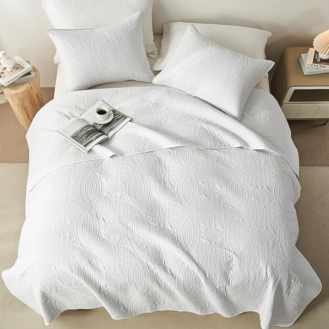 akkialla Queen Quilt Bedding Set,White Ultrasonic Full/Queen Quilt Set,Lightweight Soft Bedspread Coverlet,Modern Style Coin Pattern Bed Cover for All Seasons,3 Piece(1 Quilt,2 Pillow Shams)