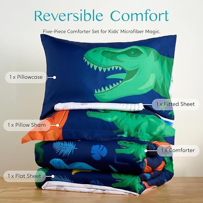 Joiedomi Kid Twin Comforter Set 5 Piece Dinosaur Bedding Set for Boys Girls Super Soft Microfiber Bed in a Bag with Comforter Sheets Pillowcase Sham