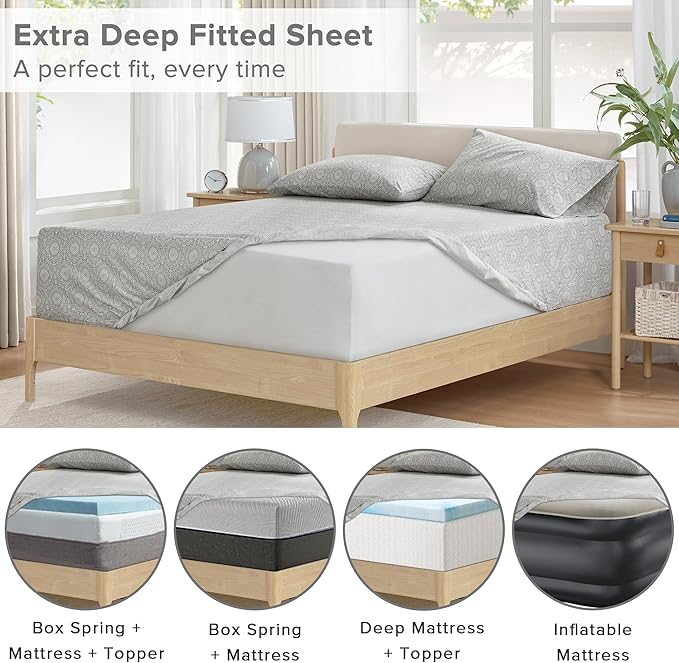 Comfort Spaces Extra Deep Pocket, 100% Cotton Sheets Queen Fits up to 24" Mattress, Breathable, Naturally Cool Cotton, Soft Cotton, All Seasons Sheet Set, Adelia Grey 4 Piece
