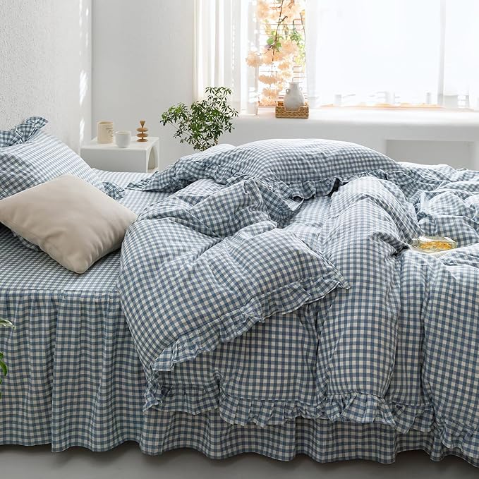 mixinni Blue White Gingham Ruffle Duvet Cover Queen Size 3 Pieces – 100% Washed Cotton, Vintage Plaid Ruffled Bedding Set with Zipper Ties, Soft Checkered Grid Farmhouse Chic Comforter Cover Set