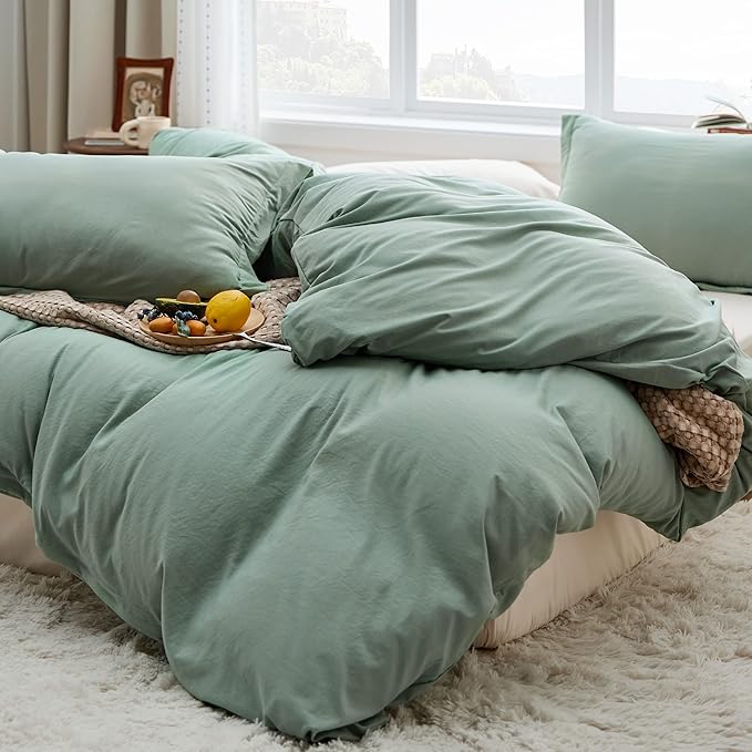 Bedsure Sage Green Duvet Cover Full Size - 3 Pieces Prewashed Extra Soft Cotton-Like Polyester Bedding Set, Includes 1 Duvet Cover 80x90 Inches with Zipper Closure & 2 Pillow Shams, No Comforter