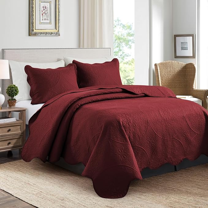 MOONLIGHT20015 King Quilt Bedding Set Size (106" x 96") + 2 Pillow Shams (20" x 36"+ 2") - 3 Pcs All Season Lightweight Reversible Quilt Bedspread Microfiber Floral Embossed Coverlet (Burgundy)