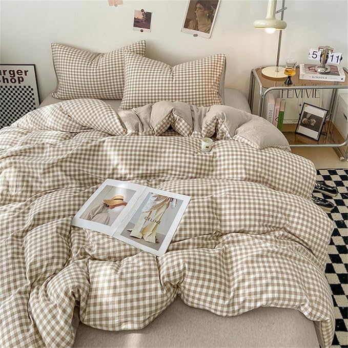 Nayoroom Gingham Duvet Cover Twin Size Brown Tan Plaid Checkered Comforter Cover 2 Pieces Soft Lightweight Washed Microfiber Farmhouse Grid Dorm Bedding Set with Pillowcases