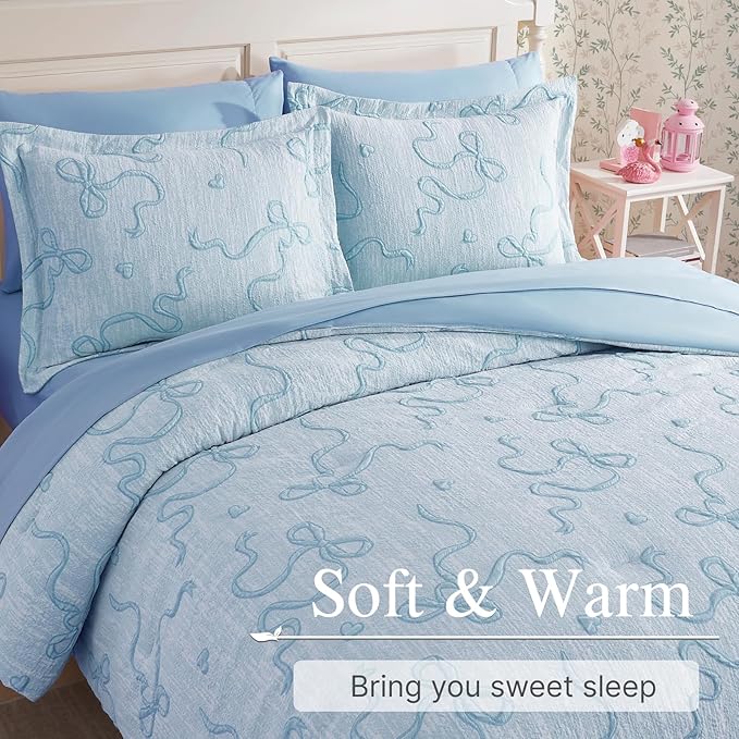 Geniospin Light Blue Queen Comforter Set for Girls- 7 Pieces Bowknot Jacquard Bed in A Bag Queen Bedding Sets with Sheets, Pillowcases & Shams, All Season Kids Comforter Set