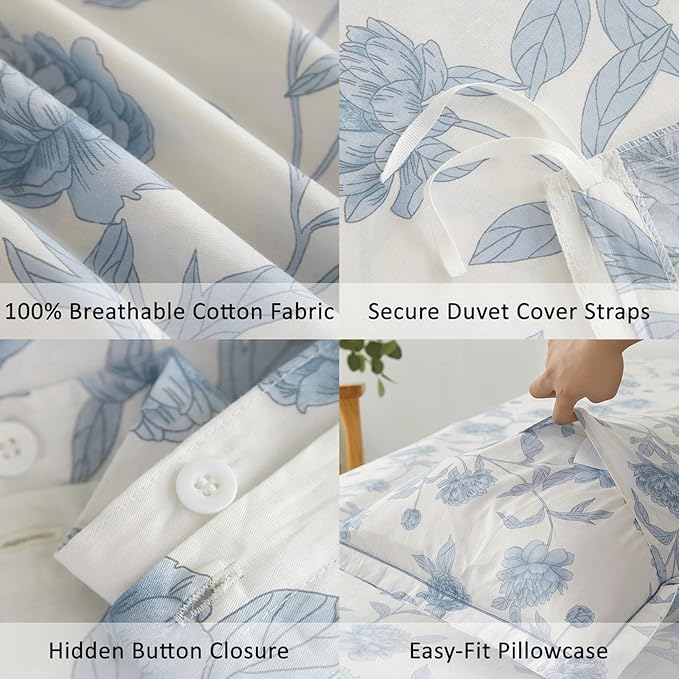 Elegant 100% Cotton Duvet Cover Queen Size - Soft Blue Peony Flowers on White, Vintage Bedding Set 3Pcs with Button Closure, 1 Duvet Cover 90"x90" and 2 Pillow Shams 20"x26"