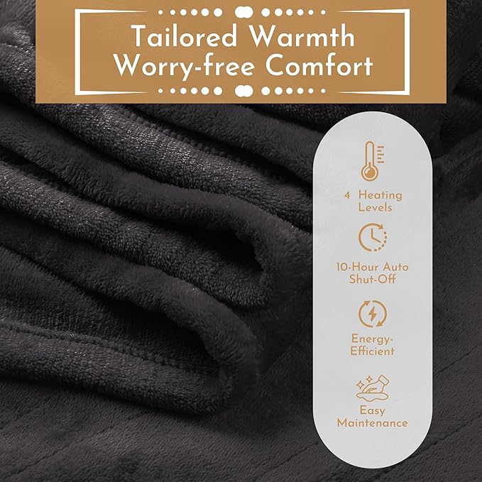 Electric Heated Blanket 62"x84" Twin Size Flannel Heated Blanket, Cozy & Warm for All Night, 5 Heat Settings & 10 Hours Auto Off, Machine Washable, Iron Grey