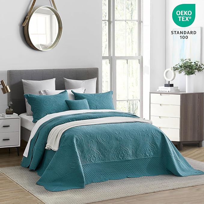 HZ & HY Oversized King Bedspread 128x120 Extra Wide, Ultrasonic, Lightweight, Reversible, 5 Pieces, 100% Microfiber, Lagoon