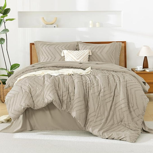 Litanika Light Hazel California King Size Comforter Set with Sheets - 7 Pieces Bed in a Bag California King Boho Tufted Complete Bedding Sets with Comforter, Sheets, Pillowcases & Shams