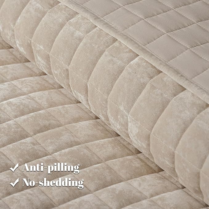 PHF Luxurious Velvet Quilt Set Queen Size – 3PCS Super Soft Quilted Comforter Alternative with Square-Box Quilt Pattern, Warm Quilted Bedspread Coverlet, 90" x 92", Oxford Tan