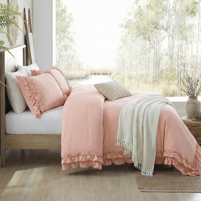 Pink Ruffled Duvet Cover Girls Coquette Bedding Set Cute Lace Fringe Ruffle Bedding Shabby Chic Farmhouse Style Super Soft Cozy Elegant Cover Cover Set King Size