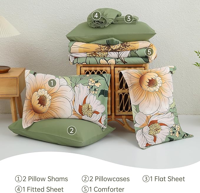 Xruibed King Comforter Set 7 Pieces Green Floral Comforter Set King Size Bed in a Bag Flower Bedding Sets Lightweight Boho Bed Set with Sheet,Pillowcases&Shams for All Season
