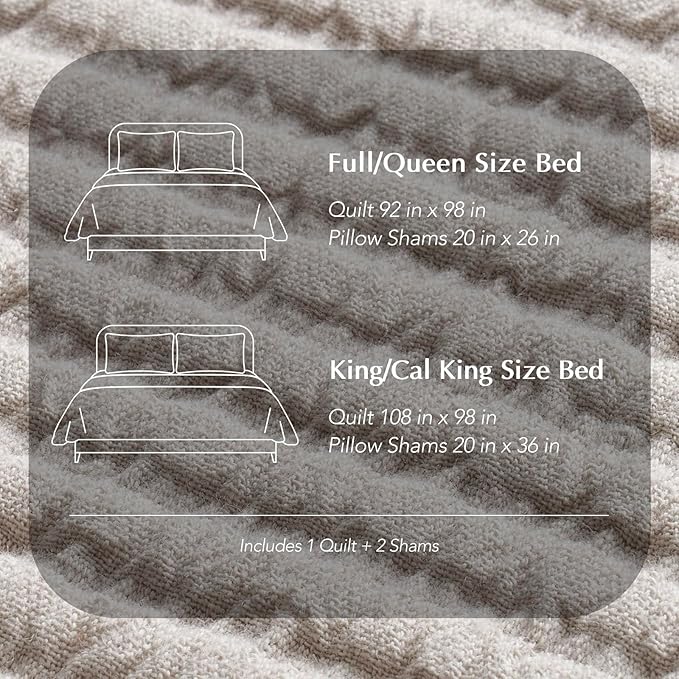 EVERGRACEHOME Cotton Coverlet Set King Size 3 Pieces, Lightweight Soft Ribbed Matelassé Bedspread Quilt Set, Cozy Oversized Quilted Bedding Set with 2 Pillow Shams for All Seasons, Birch