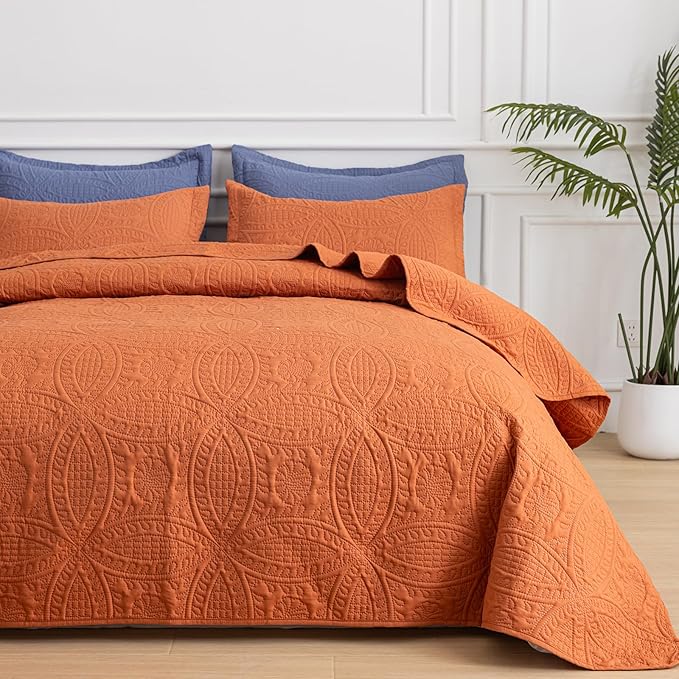 SheRest Queen Quilt Bedding Set - Soft Breathable Bed Quilts, Modern Style Embossed Bedspreads, Lightweight Microfiber Coverlet for All Seasons, Burnt Orange, 3 Pieces (1 Quilt,2 Pillow Shams)