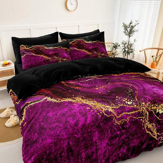 Black Gold Comforter Set 8 Pcs Hot Pink Marble Bedding Set King Size Bed in A Bag Purple and Black Marble Stone Texture Abstract Room Decor Black Marble Bed Comforter