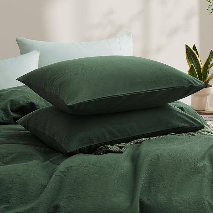 LOVQUE Bedding Duvet Cover Queen Size, 100% Washed Cotton Linen Like Natural Bedding Set with Zipper Closure (No Comforter), 90x90, Forest Green