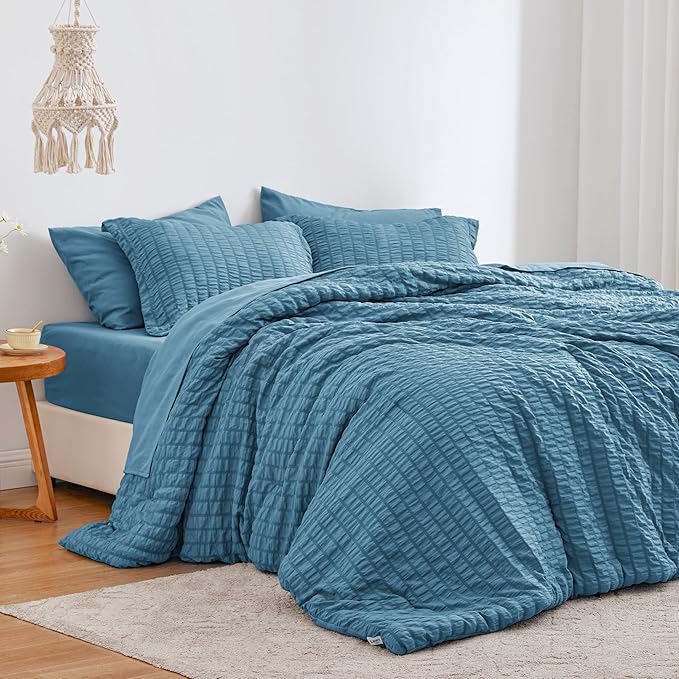 Love's cabin Seersucker Misty Blue Full Comforter Set, 7-Piece All Season Lightweight Bed in a Bag Bedding Set with Comforter, Flat Sheet, Fitted Sheet, Pillowcases and Shams | Soft, Breathable, Lightweight