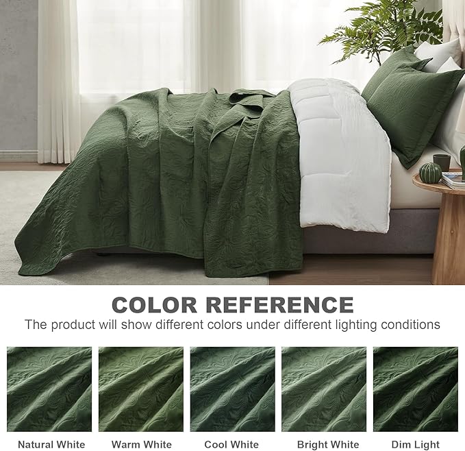 Hansleep Olive Green Quilt King Size - Baroque Ultrasonic All Season Bedspread King, Soft Lightweight Coverlet Bedding Set, 3 Pieces (1 Quilt, 2 Pillow Shams)