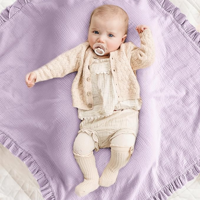 Konssy Flounce Muslin Baby Blankets, Cotton Crib Blanket for Baby Infant Toddler, Super Soft and Lightweight Nursery Blankets 40"x36" (Purple)