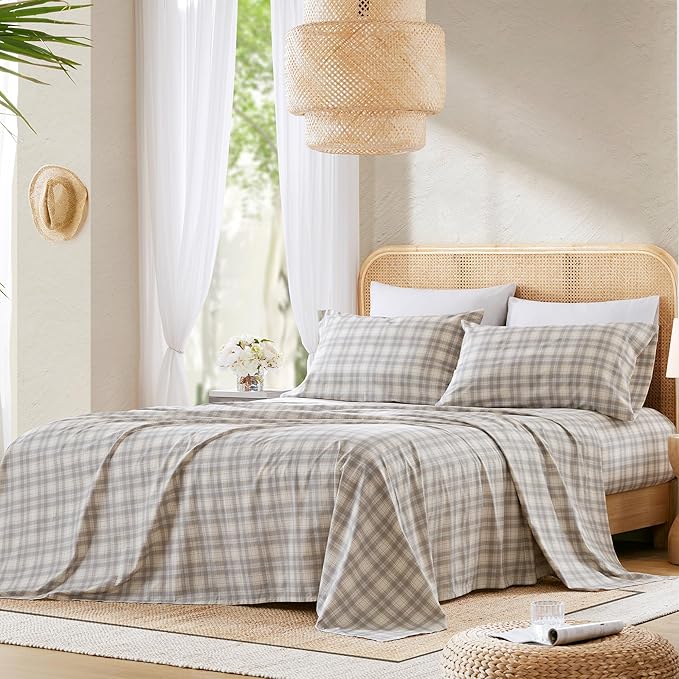 Comfort Spaces 100% Cotton Sheets Full, Breathable, Naturally Cool Cotton Sheets, Soft Cotton Bed Sheets with 14" Elastic Pocket Fits up to 16" Mattress, All Seasons Sheet Set, Wesley Taupe 4 Piece