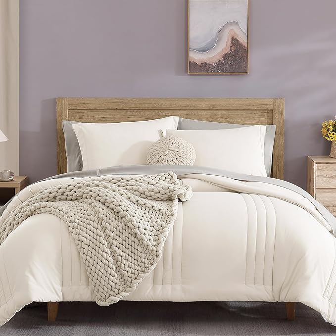 Monbix King Size Comforter Set - 7 Pieces Bed in a Bag King, Snow White Bedding Sets with Comforter, All Seasons Comforter Bed Set with Sheets, Pillowcases & Shams