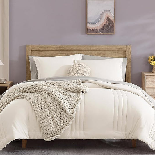 Monbix King Size Comforter Set - 7 Pieces Bed in a Bag King, Snow White Bedding Sets with Comforter, All Seasons Comforter Bed Set with Sheets, Pillowcases & Shams