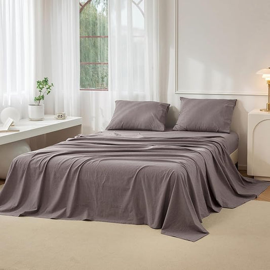 JIYUAN 100% Washed Cotton Sheet Set 4 Pieces Full,1 Fitted Sheet,1 Flat Sheet and 2 Pillowcases,Comfy and Breathable Linen Like Bedding Set,Heathered Mauve Brown