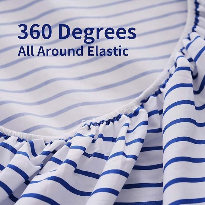 Twin Blue Striped Bed Sheet Set 3 Piece with 16-Inch Deep Pockets- Super Soft & Wrinkle Free Stripe Bed Sheets - Hotel Luxury Blue White Striped Pinstripe Bedding for All Season