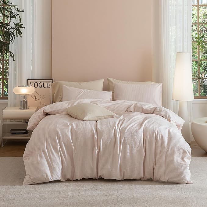 JIYUAN 100% Washed Cotton Striped Duvet Cover Set 3 Pieces Queen, 1 Duvet Cover and 2 Pillowcases(Comforter Not Included),Linen Like Comfy and Breathable,Pinstripes - Greyish Pink White