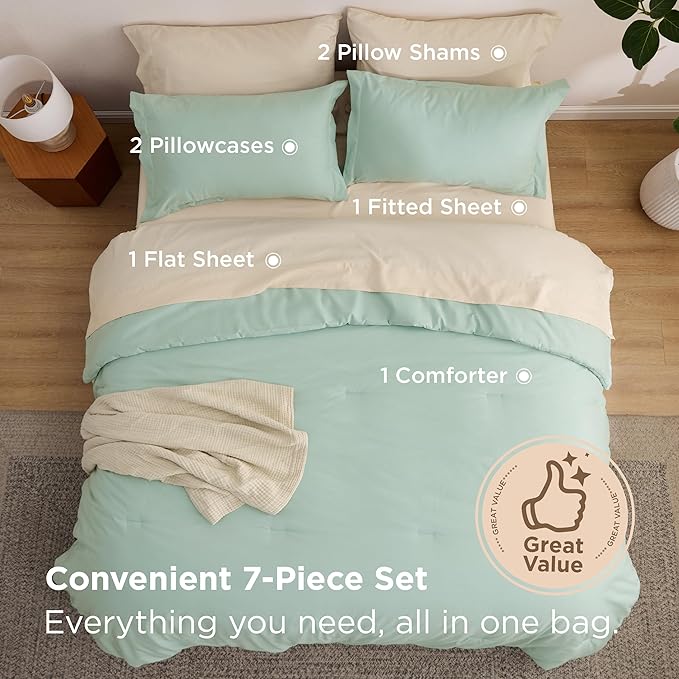 Bedsure Full Size Comforter Set - 7 Pieces Sage Green Full Bedding Set for All Seasons, Boho Contrasting Design Bed in a Bag with Comforter, Sheets, Pillowcases & Shams