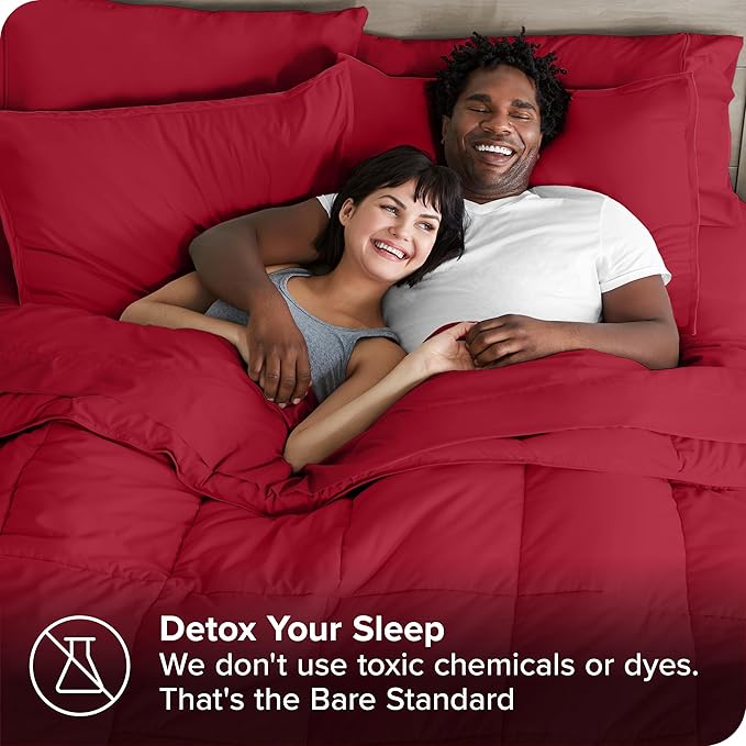 Bare Home Bed-in-A-Bag 7 Piece Comforter & Sheet Set - Queen - Goose Down Alternative - Ultra-Soft 1800 Premium - Bedding Set (Queen, Red/Red)