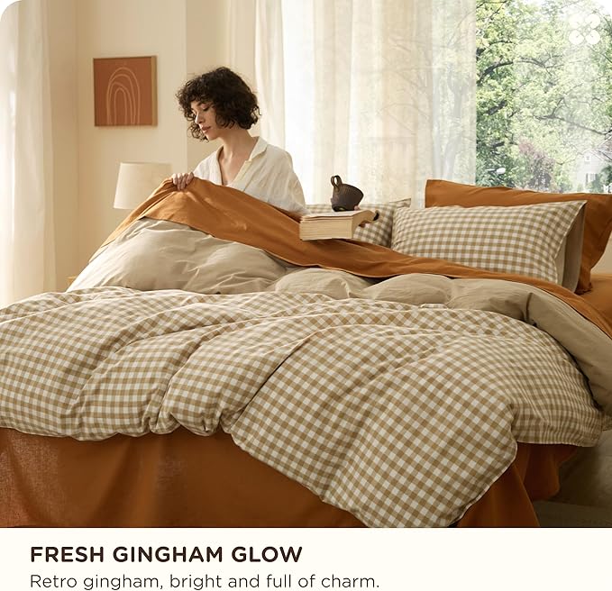 Bedsure Gingham Duvet Cover King Size,100% Washed Cotton Duvet Cover Linen Like Textured, Classic Yarn-Dyed Checkered Pattern Enhances Bedroom Comfort and Style, Gingham Khaki, 104"x90"