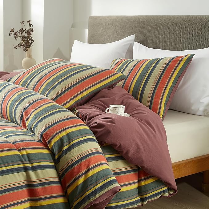 VM VOUGEMARKET Red Green Stripes Duvet Cover Twin XL Boho Farmhouse Style Washed Cotton Multi-Color Striped Bedding Set for Teens 1 Duvet Cover with 2 Pillowcases